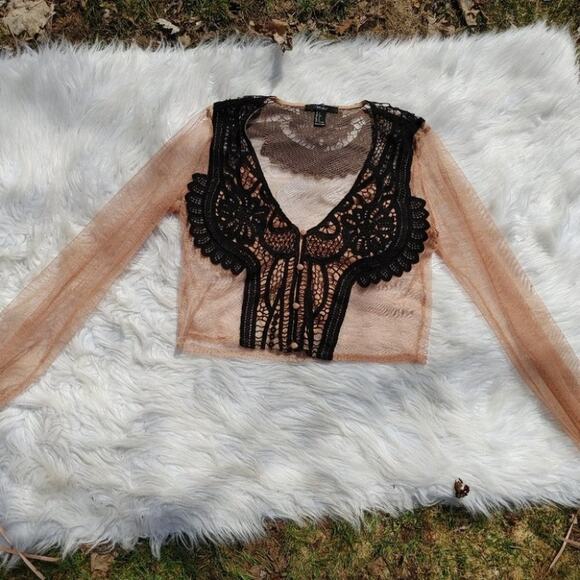Forever 21 Size Small S Sheer Light Carmel Brown Black Cropped Crochet Festival - Picture 2 of 16